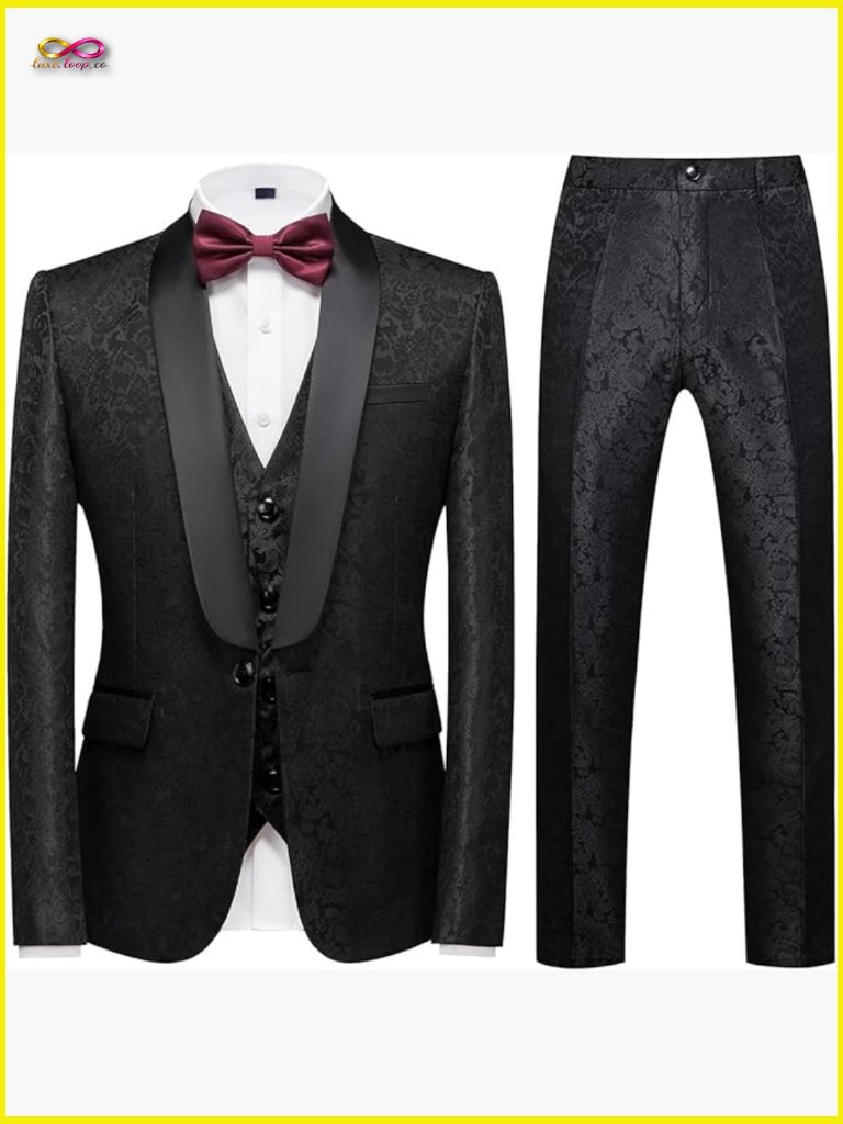 Slim Fit 3 Piece Tuxedo Suit Set Paisley Jacket Vest Pants Prom Wedding